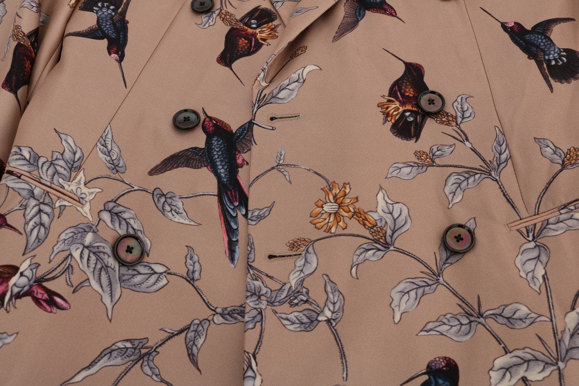 Beige Bird Print Silk Slim Blazer Jacket