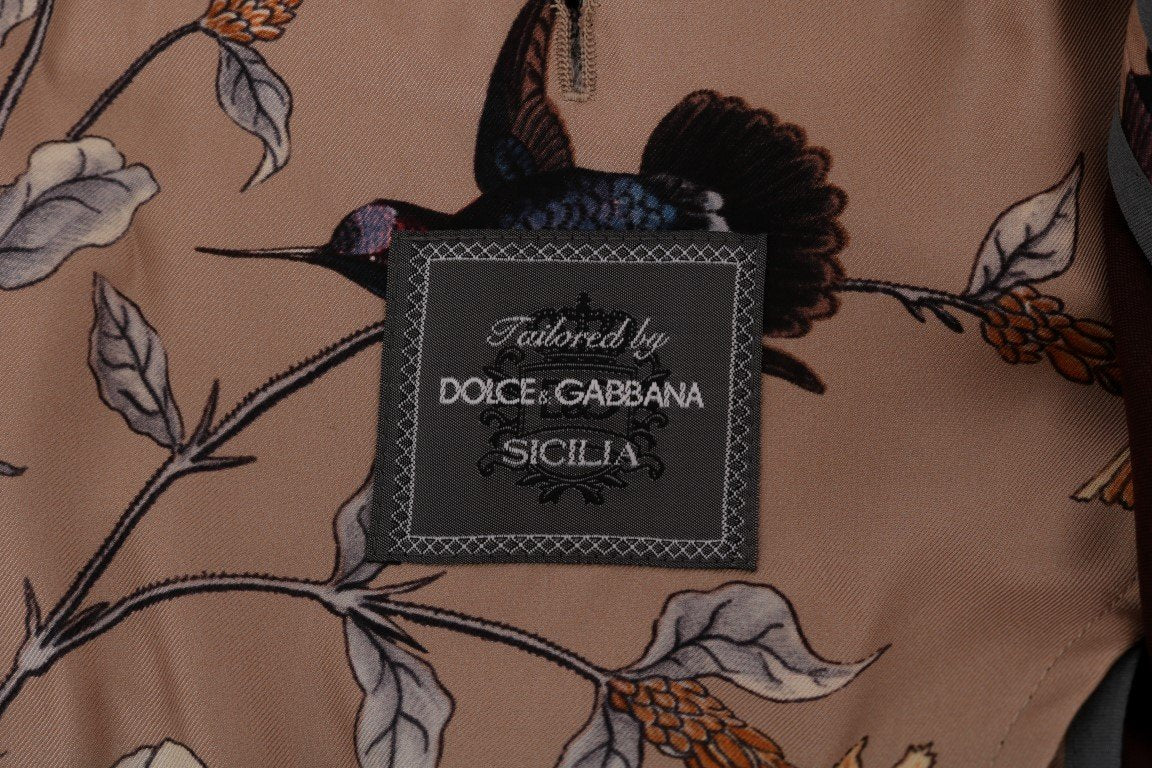 Beige Bird Print Silk Slim Blazer Jacket