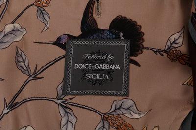 Beige Bird Print Silk Slim Blazer Jacket