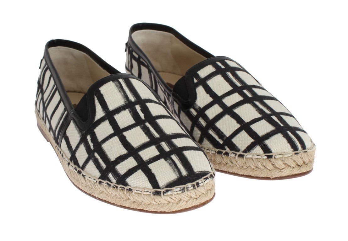 White Linen Checkered Logo Espadrilles