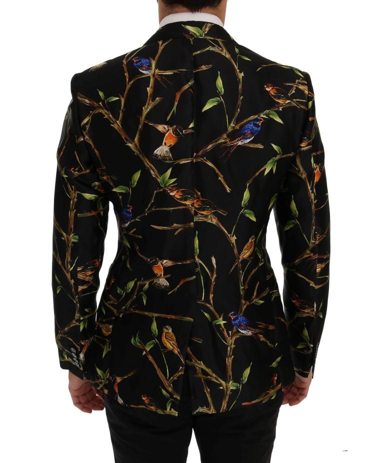 Black Bird Print Silk Slim Fit Blazer Jacket