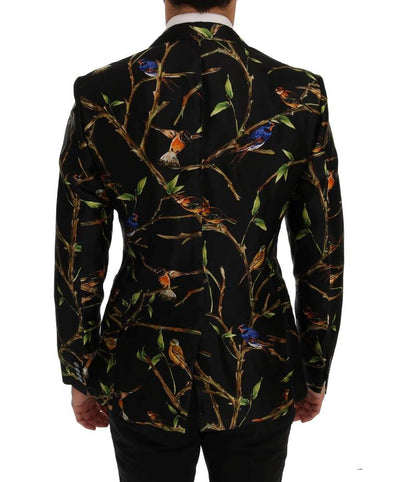 Black Bird Print Silk Slim Fit Blazer Jacket
