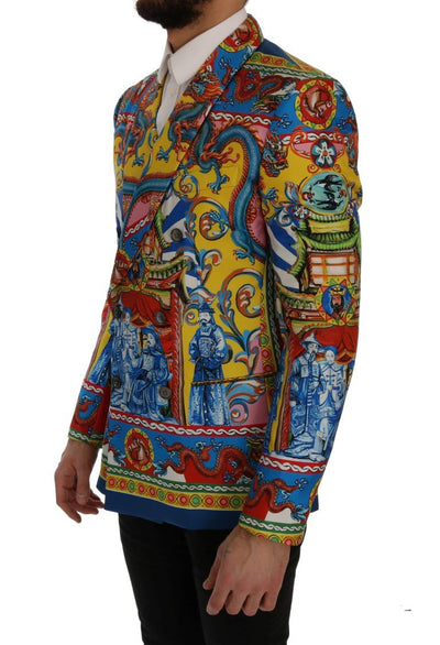 Multicolor Dragon Print Silk Slim Fit Blazer Jacket