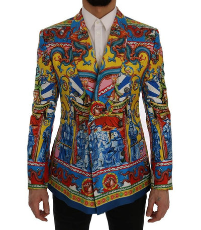 Multicolor Dragon Print Silk Slim Fit Blazer Jacket