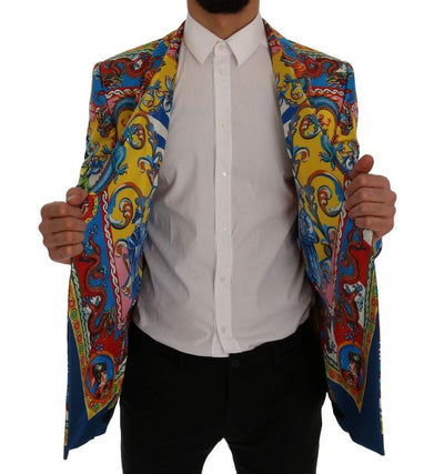 Multicolor Dragon Print Silk Slim Fit Blazer Jacket