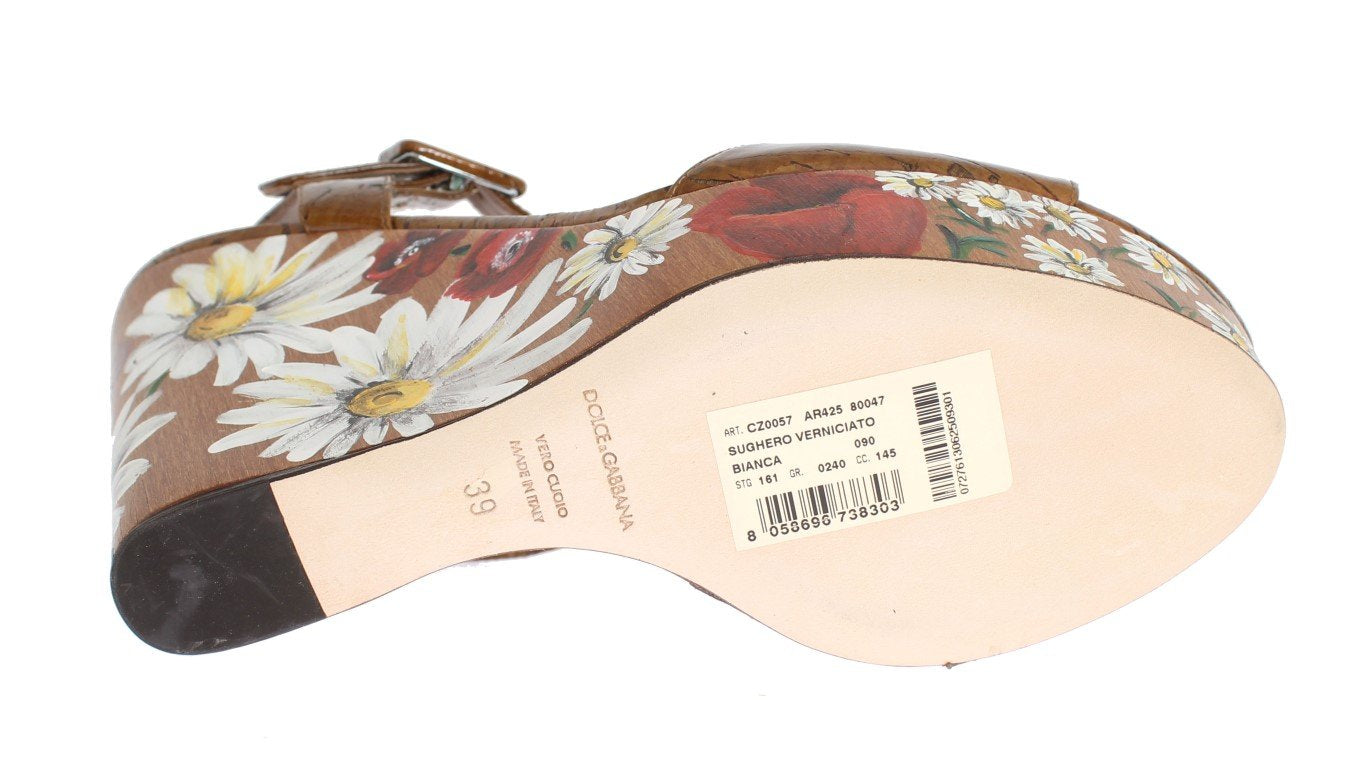 Brown Leather Floral Wedges Platform Shoes