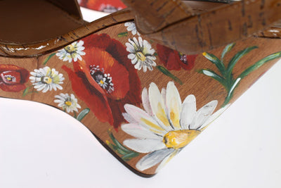 Brown Leather Floral Wedges Platform Shoes
