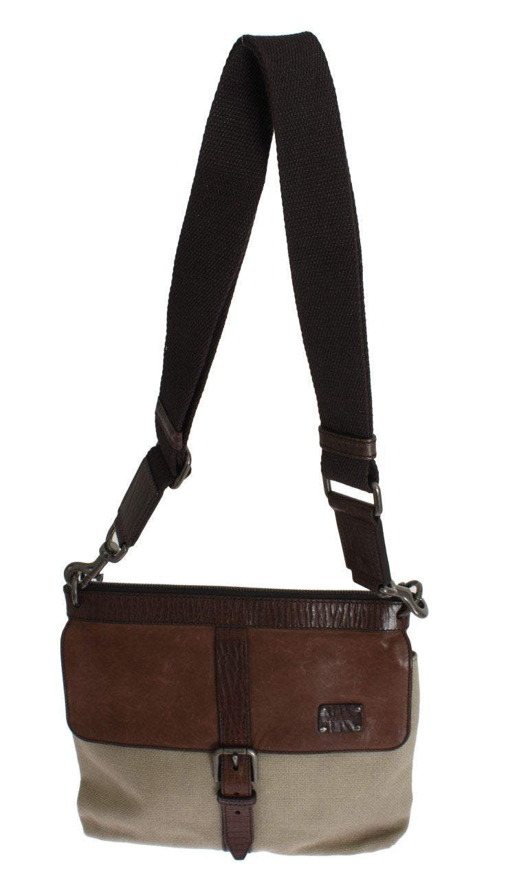 Brown Leather Linen Crossbody Messenger Bag