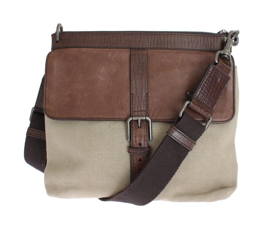 Brown Leather Linen Crossbody Messenger Bag