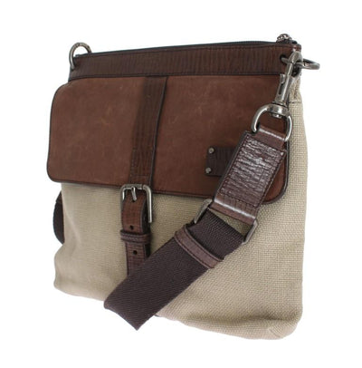 Brown Leather Linen Crossbody Messenger Bag