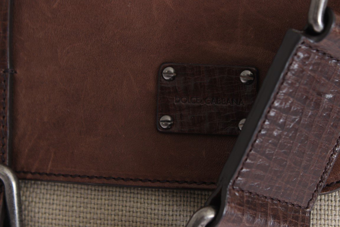 Brown Leather Linen Crossbody Messenger Bag