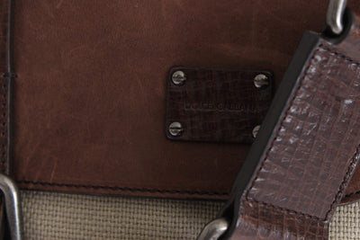 Brown Leather Linen Crossbody Messenger Bag