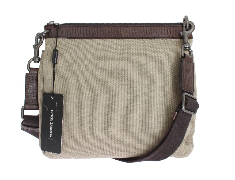 Brown Leather Linen Crossbody Messenger Bag