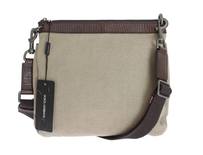 Brown Leather Linen Crossbody Messenger Bag