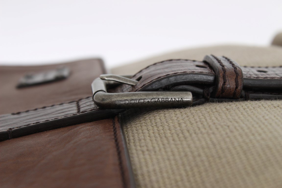 Brown Leather Linen Crossbody Messenger Bag