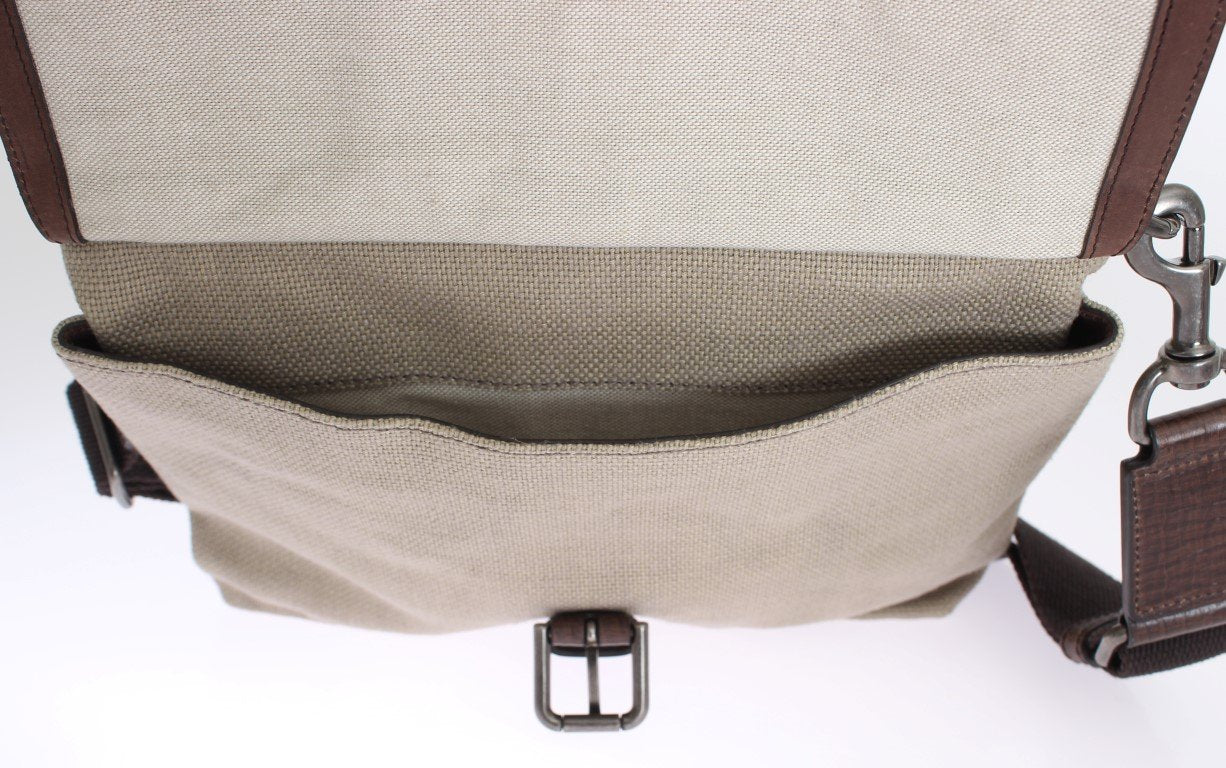 Brown Leather Linen Crossbody Messenger Bag