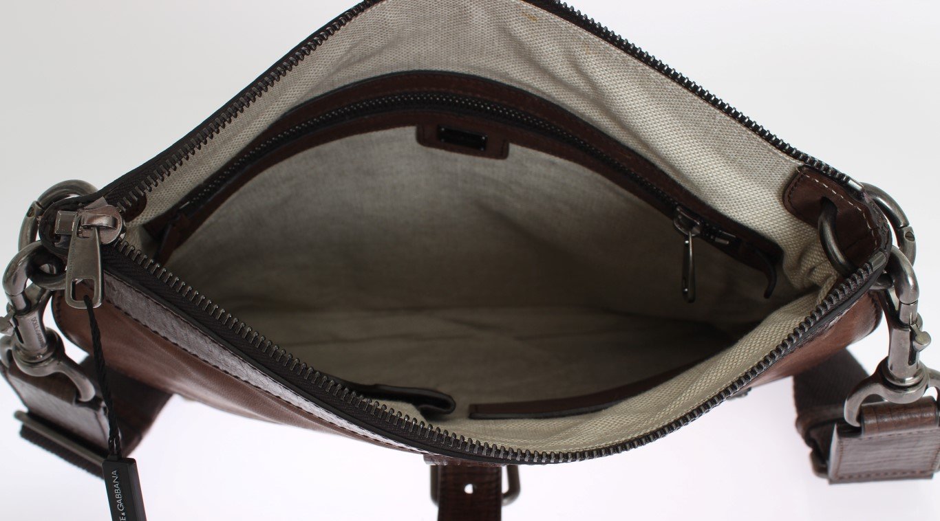 Brown Leather Linen Crossbody Messenger Bag