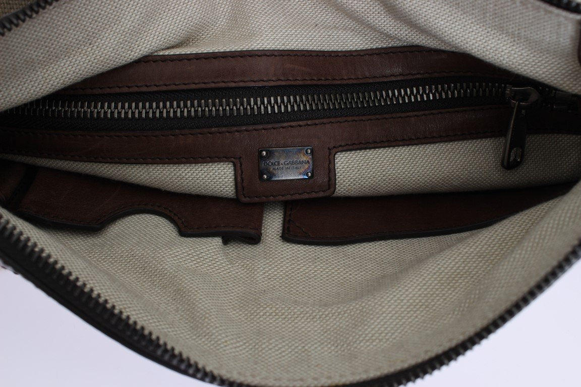 Brown Leather Linen Crossbody Messenger Bag