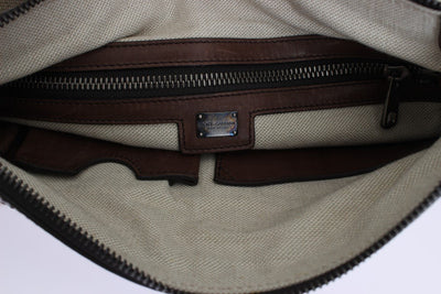 Brown Leather Linen Crossbody Messenger Bag