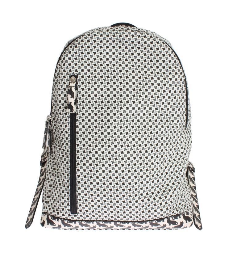 White Canvas Leather Cat Pattern Backpack