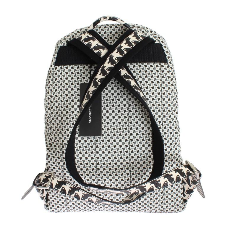 White Canvas Leather Cat Pattern Backpack