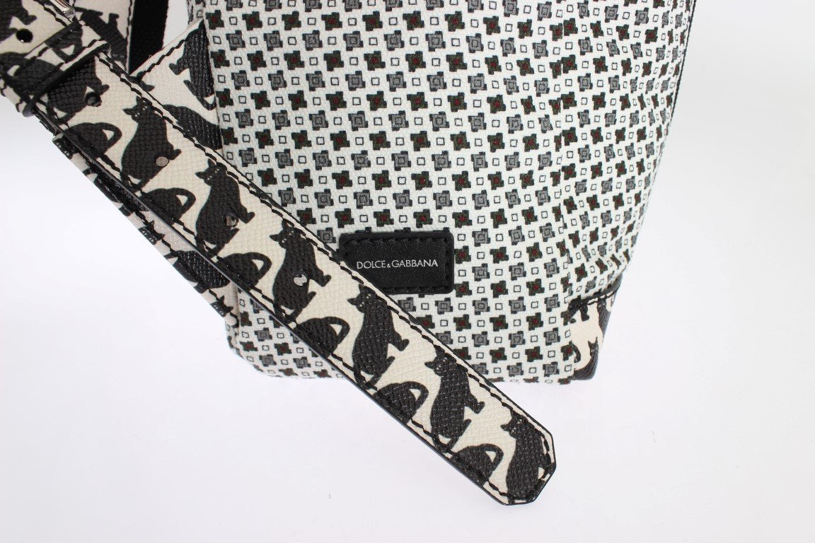 White Canvas Leather Cat Pattern Backpack