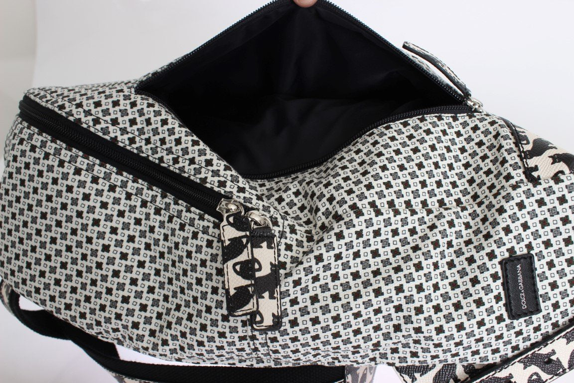 White Canvas Leather Cat Pattern Backpack
