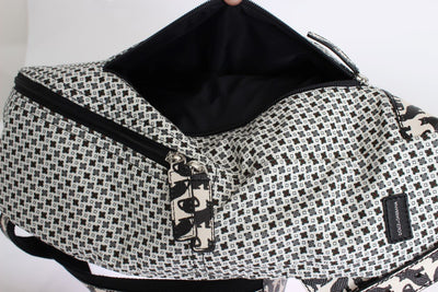 White Canvas Leather Cat Pattern Backpack