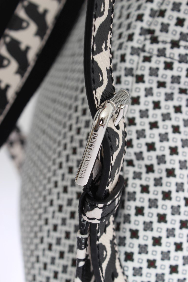 White Canvas Leather Cat Pattern Backpack