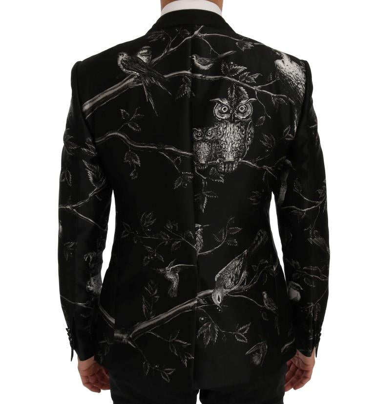 Black Bird Print Silk Slim Blazer Jacket