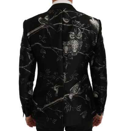 Black Bird Print Silk Slim Blazer Jacket