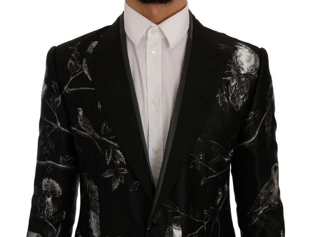 Black Bird Print Silk Slim Blazer Jacket
