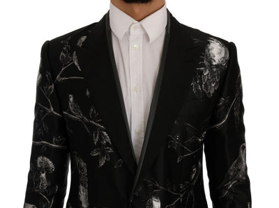 Black Bird Print Silk Slim Blazer Jacket