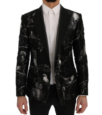 Black Bird Print Silk Slim Blazer Jacket