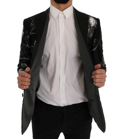 Black Bird Print Silk Slim Blazer Jacket