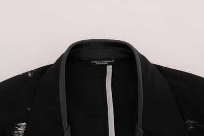 Black Bird Print Silk Slim Blazer Jacket