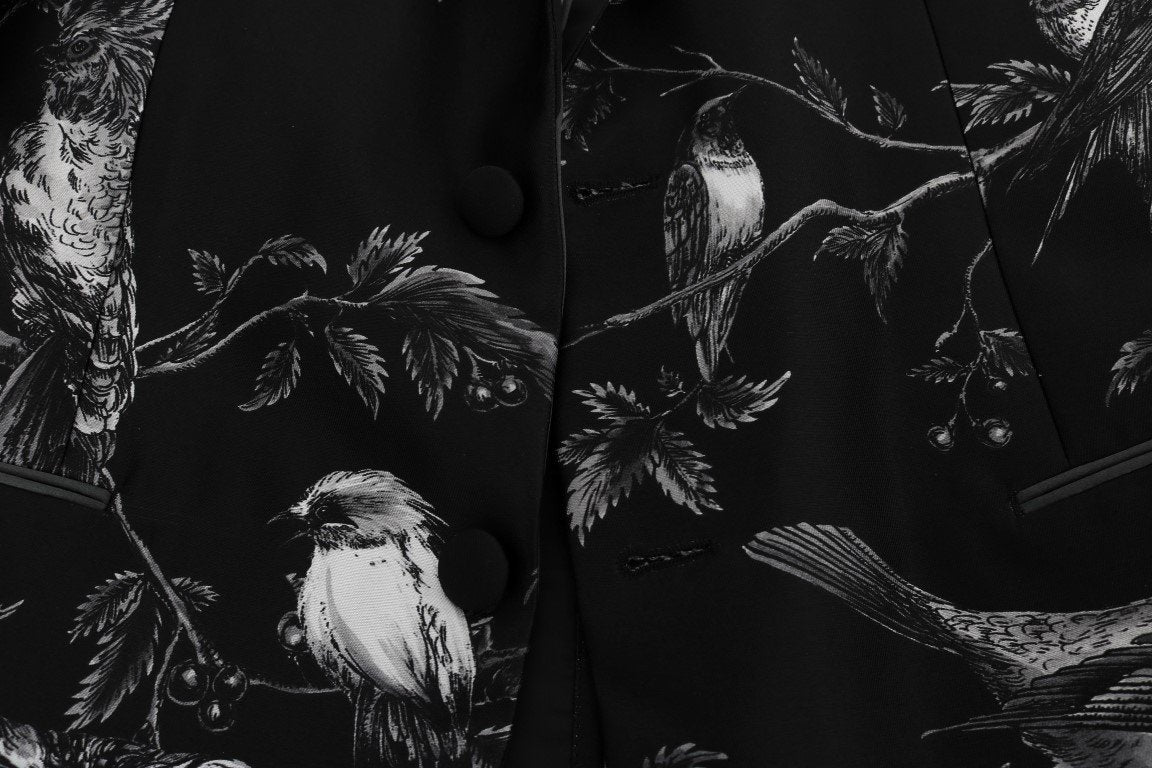 Black Bird Print Silk Slim Blazer Jacket