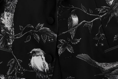 Black Bird Print Silk Slim Blazer Jacket