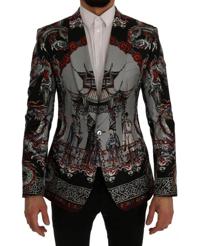 Multicolor Dragon Print Silk Slim Fit Blazer Jacket