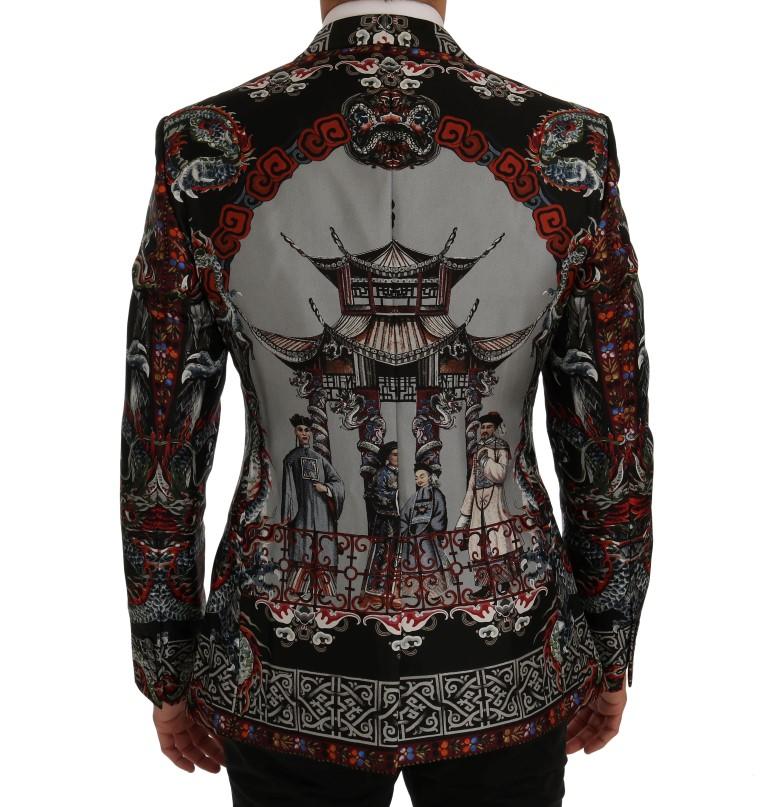Multicolor Dragon Print Silk Slim Fit Blazer Jacket
