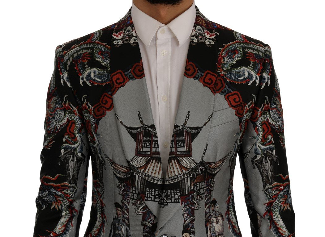 Multicolor Dragon Print Silk Slim Fit Blazer Jacket
