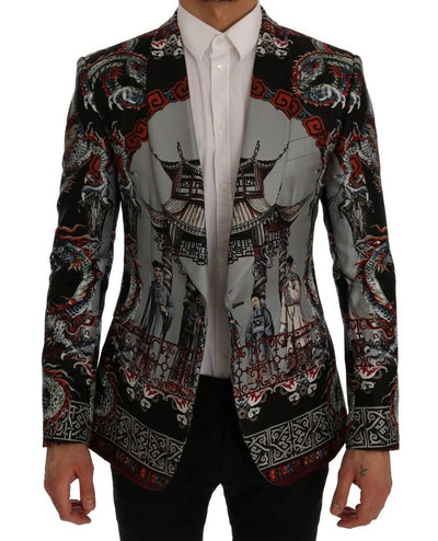 Multicolor Dragon Print Silk Slim Fit Blazer Jacket