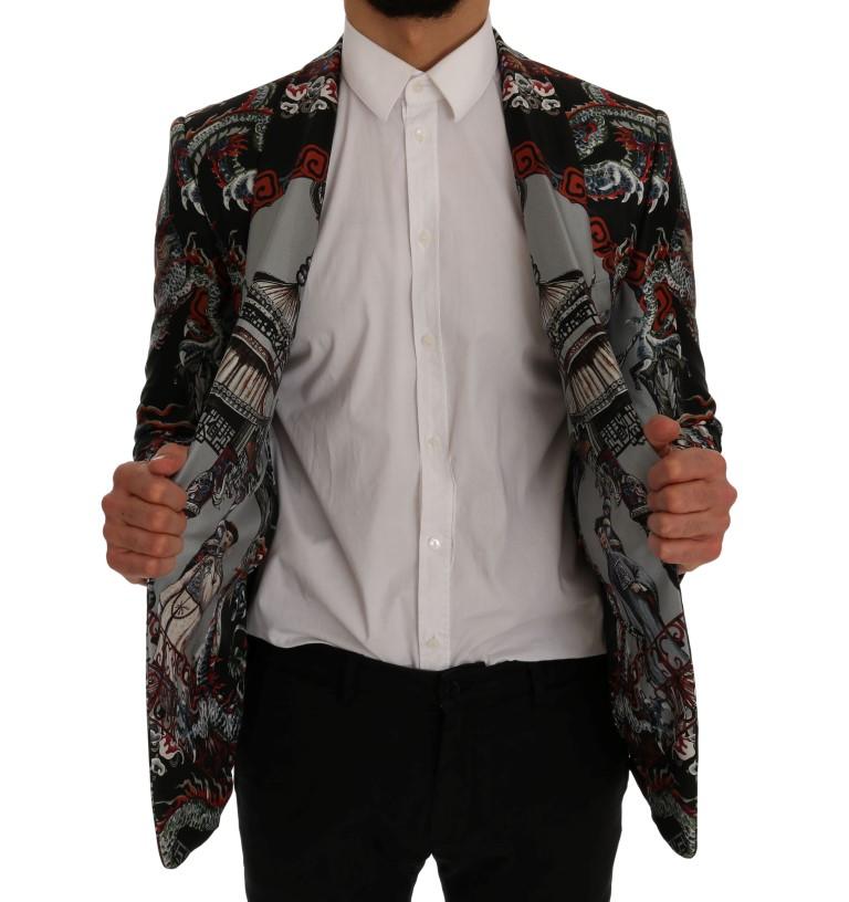 Multicolor Dragon Print Silk Slim Fit Blazer Jacket