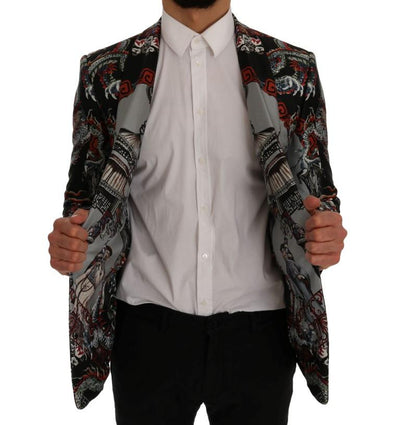 Multicolor Dragon Print Silk Slim Fit Blazer Jacket