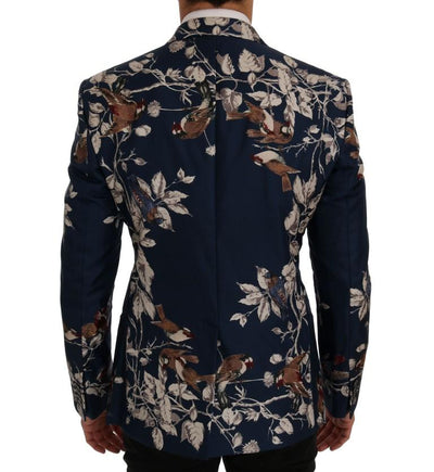 Blue Bird Print Silk Slim Fit Blazer Jacket