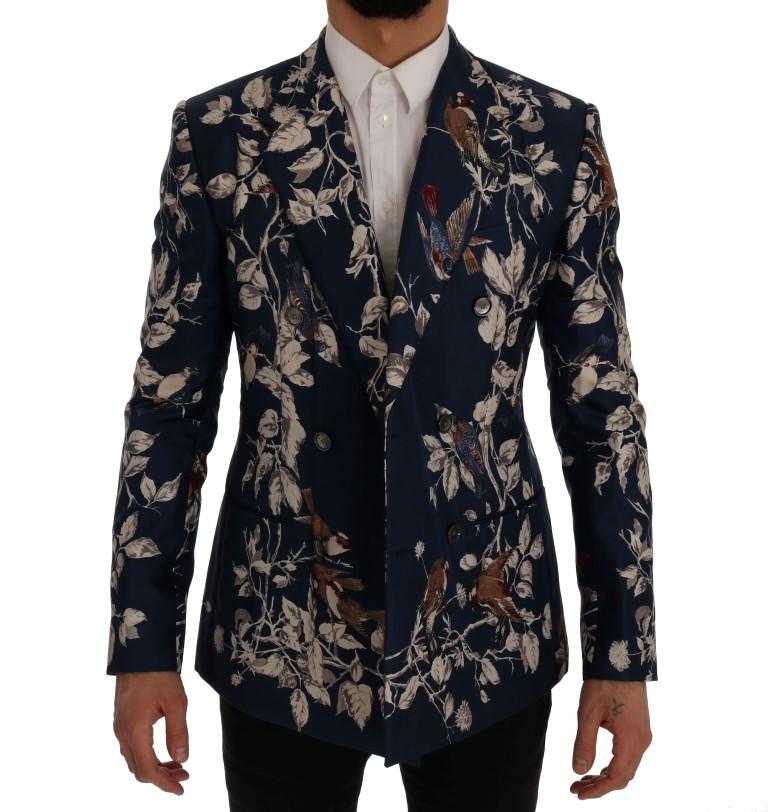 Blue Bird Print Silk Slim Fit Blazer Jacket