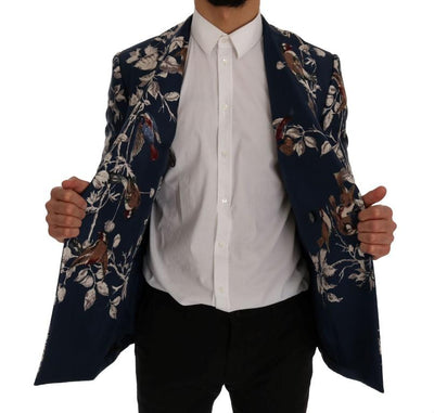 Blue Bird Print Silk Slim Fit Blazer Jacket