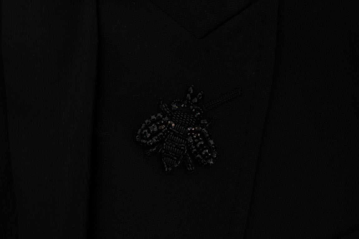 Black Wool Stretch Crystal Bee Blazer Jacket
