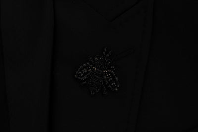 Black Wool Stretch Crystal Bee Blazer Jacket