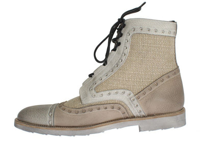Beige Leather Linen Above Ankle Boots
